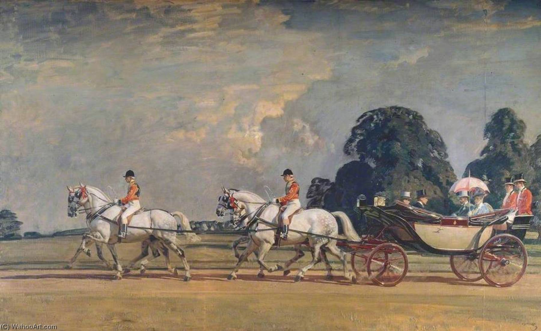 Wikioo.org - The Encyclopedia of Fine Arts - Painting, Artwork by Alfred James Munnings - Their Majesties' Return from Ascot
