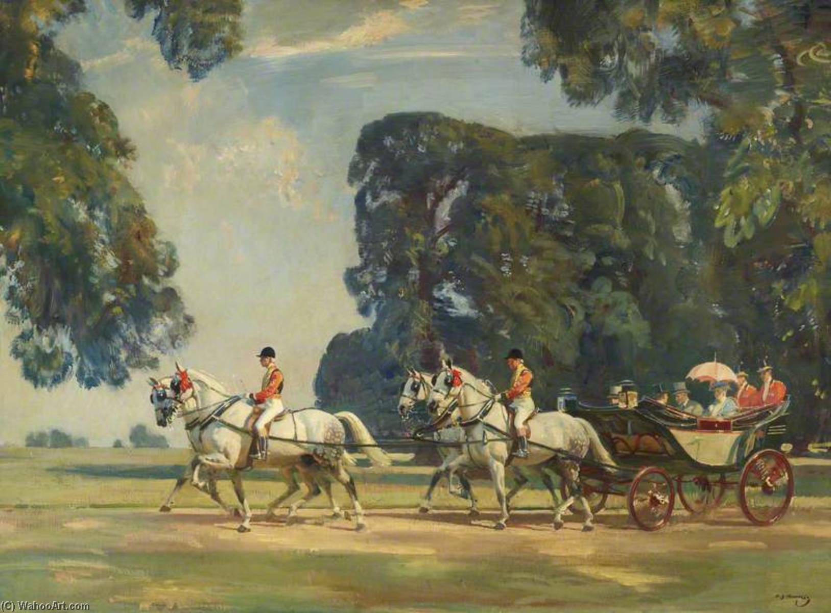 Wikioo.org - The Encyclopedia of Fine Arts - Painting, Artwork by Alfred James Munnings - The Royal Carriage Entering the Long Walk, Windsor, on the Return from the Ascot Races, 1925