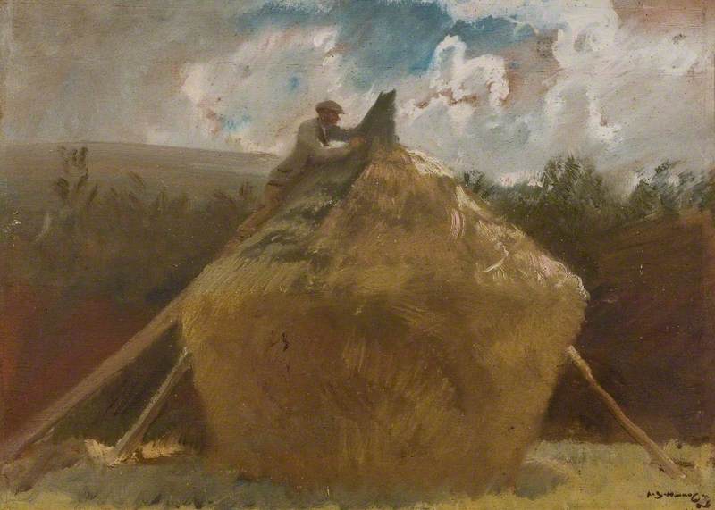 Wikioo.org - The Encyclopedia of Fine Arts - Painting, Artwork by Alfred James Munnings - Thatching an Oat Stack with Rushes, Exmoor
