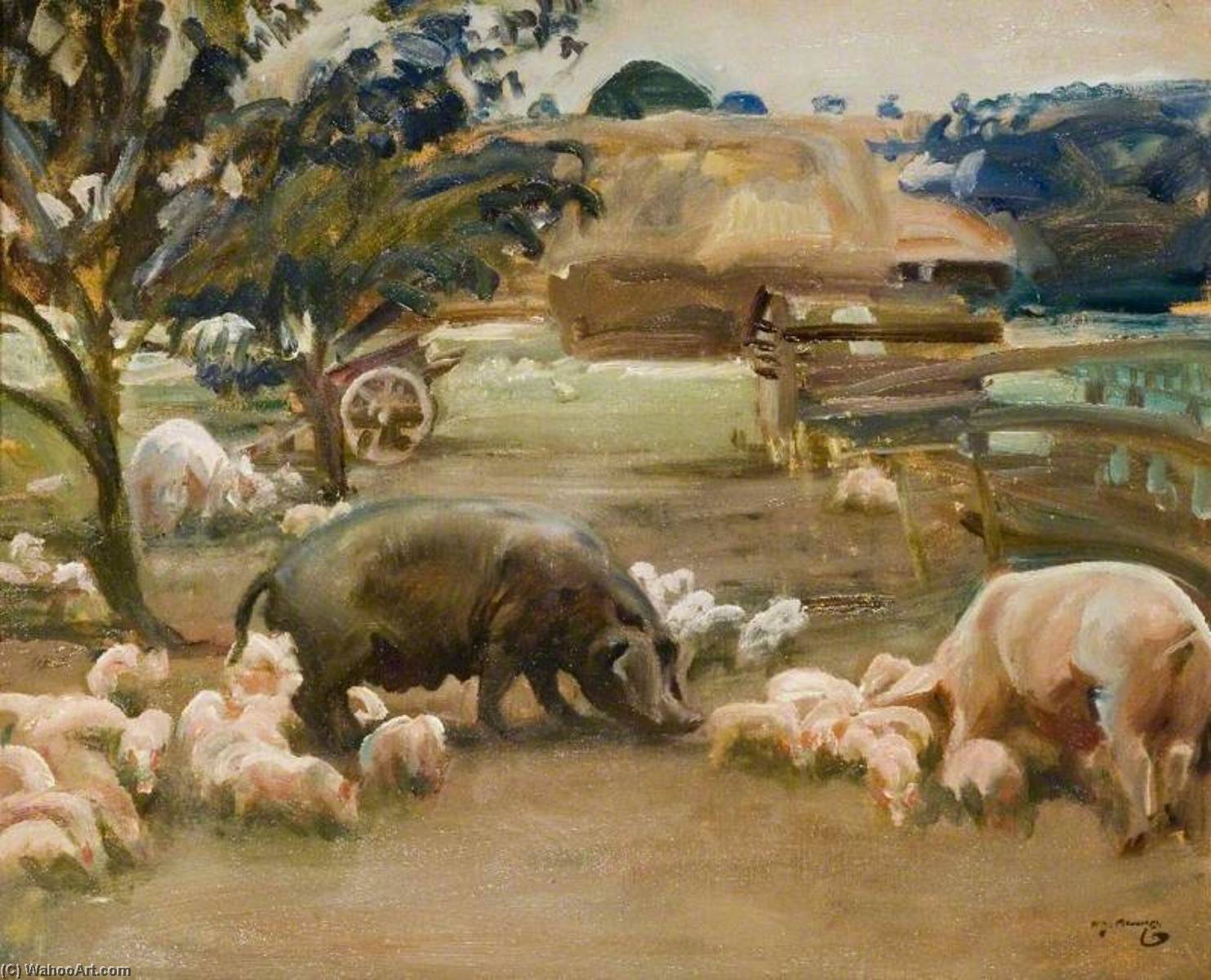 Wikioo.org - The Encyclopedia of Fine Arts - Painting, Artwork by Alfred James Munnings - Pigs at Great Thurlow, Suffolk