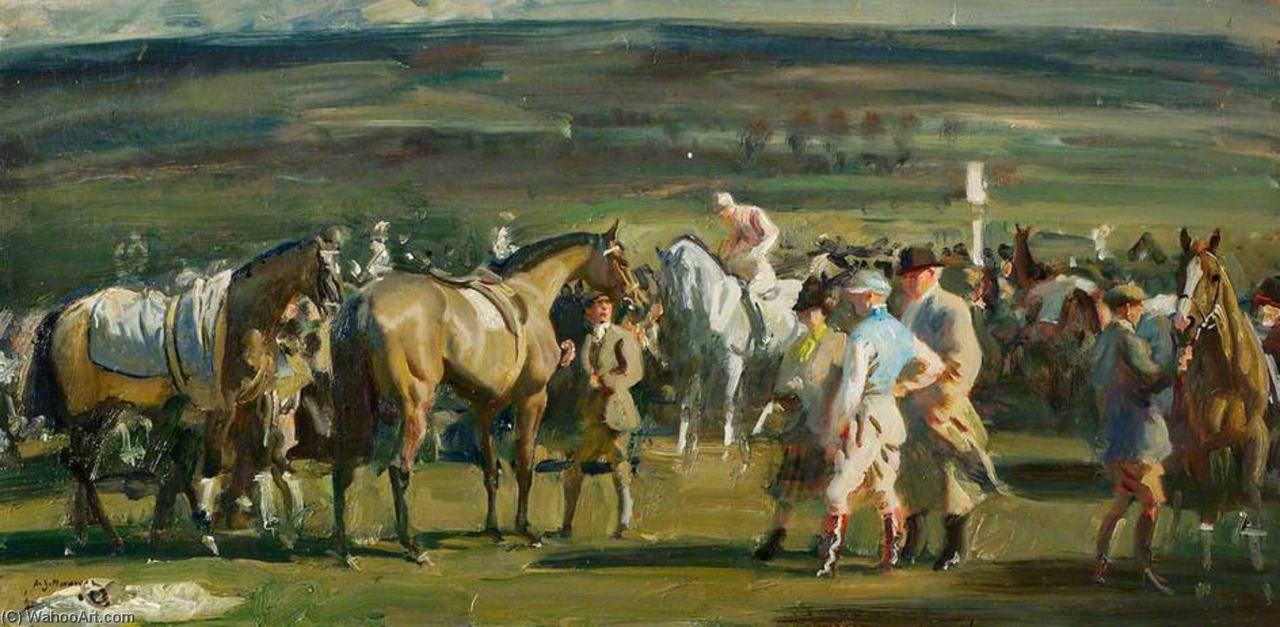 Wikioo.org - The Encyclopedia of Fine Arts - Painting, Artwork by Alfred James Munnings - Study for 'The Saddling Paddock, Cheltenham March Meeting'