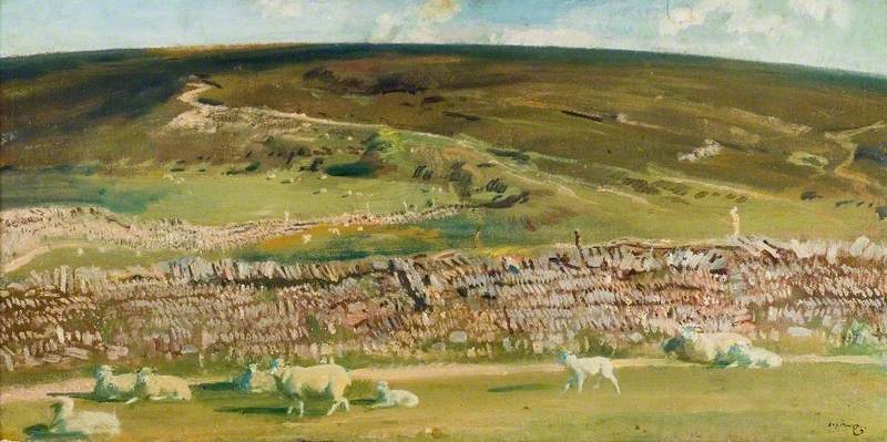 Wikioo.org - The Encyclopedia of Fine Arts - Painting, Artwork by Alfred James Munnings - A View of Exmoor, Sheep by the Wall in the Foreground