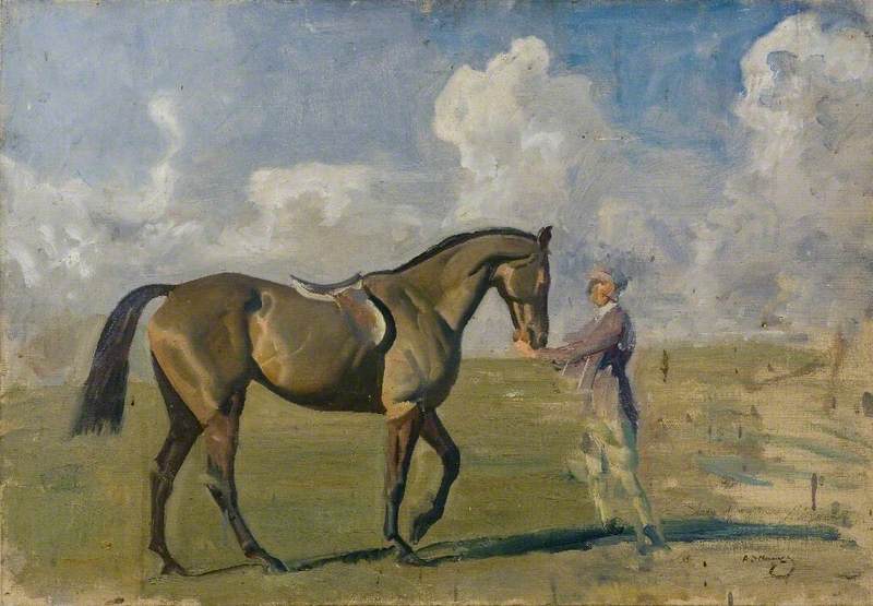 Wikioo.org - The Encyclopedia of Fine Arts - Painting, Artwork by Alfred James Munnings - A Racehorse Held by a Groom