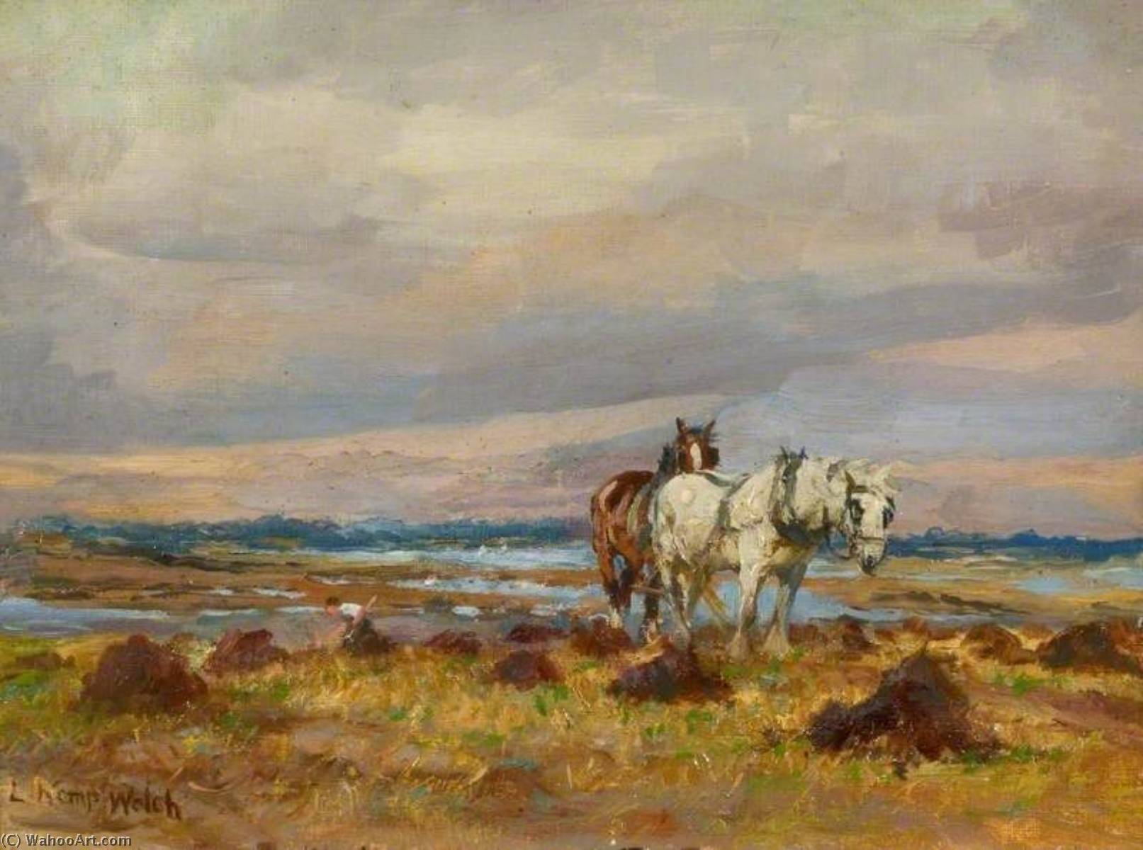 Wikioo.org - The Encyclopedia of Fine Arts - Painting, Artwork by Lucy Elizabeth Kemp Welch - Working in the Fields by an East Coast Estuary