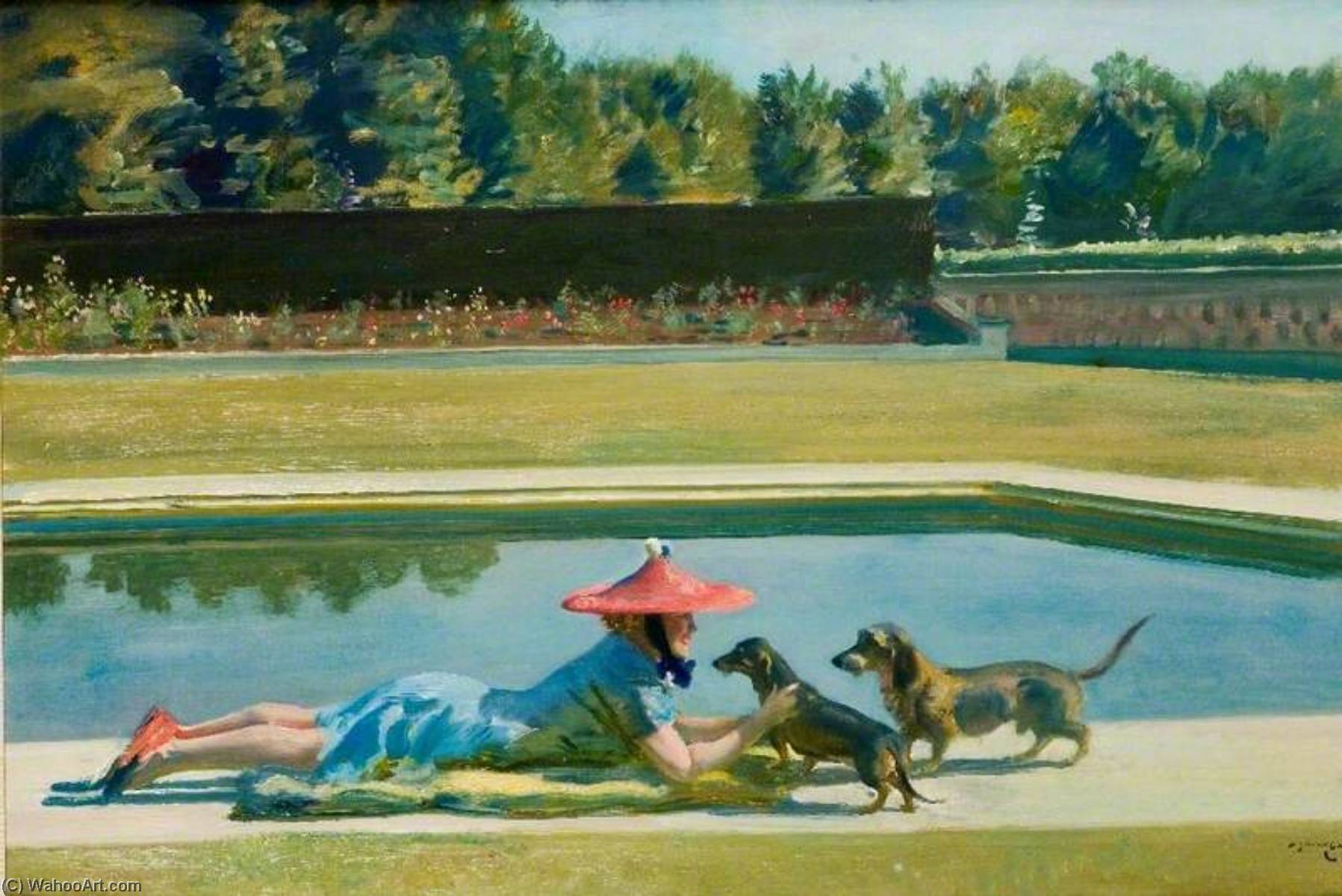 Wikioo.org - The Encyclopedia of Fine Arts - Painting, Artwork by Alfred James Munnings - Mrs J. V. Rank at Druids' Lodge by the Swimming Pool