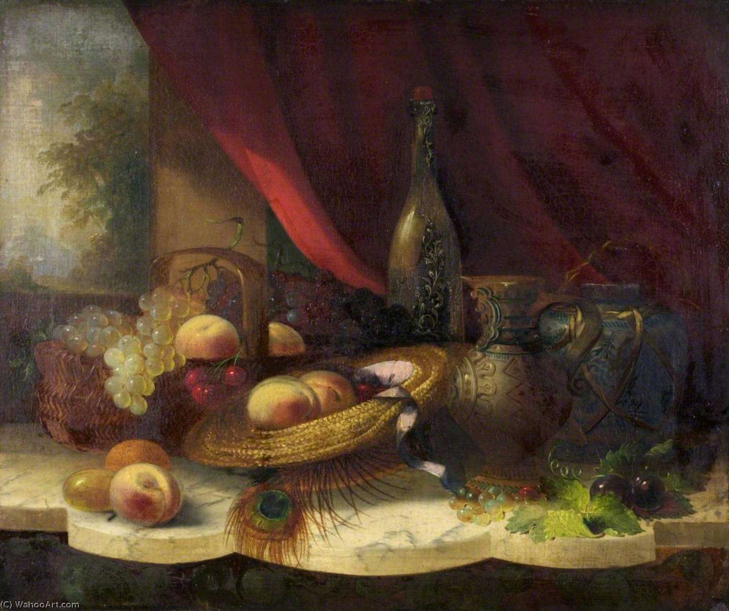 Wikioo.org - The Encyclopedia of Fine Arts - Painting, Artwork by George Lance - Still Life with Fruit, a Bottle and a Jug