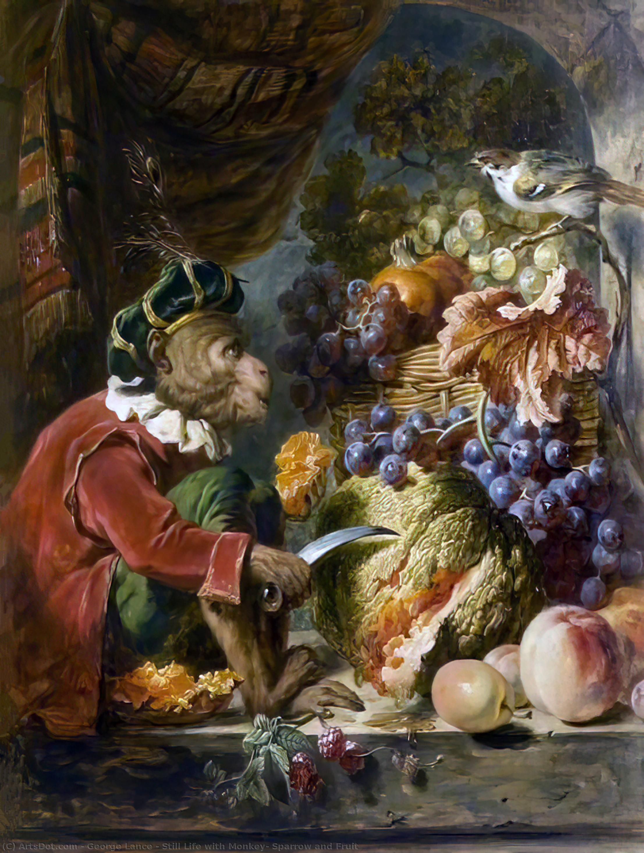 Wikioo.org - The Encyclopedia of Fine Arts - Painting, Artwork by George Lance - Still Life with Monkey, Sparrow and Fruit