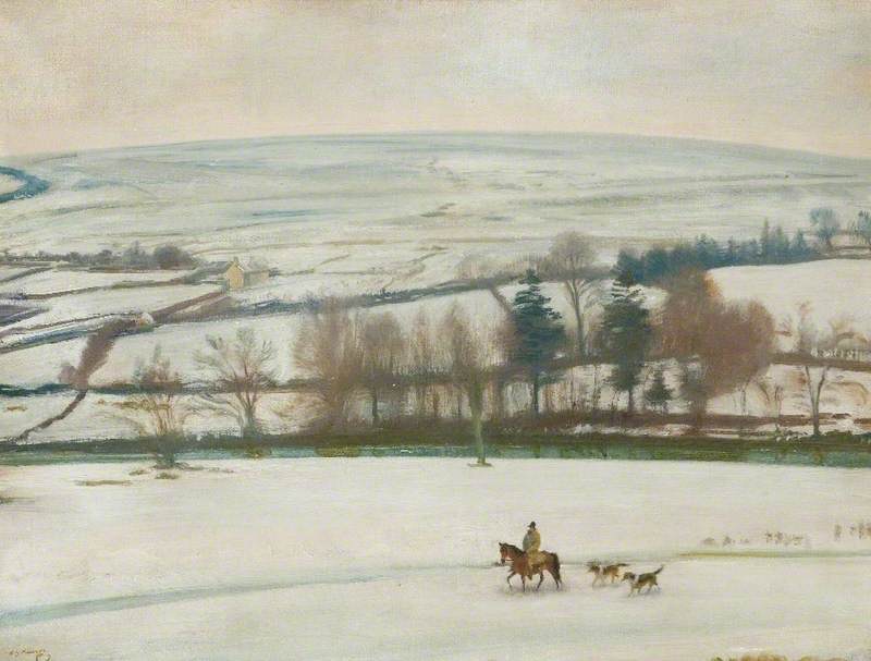 Wikioo.org - The Encyclopedia of Fine Arts - Painting, Artwork by Alfred James Munnings - Winter at Withypool, Exmoor A Winter Landscape, a Rider and Two Hounds in the Foreground