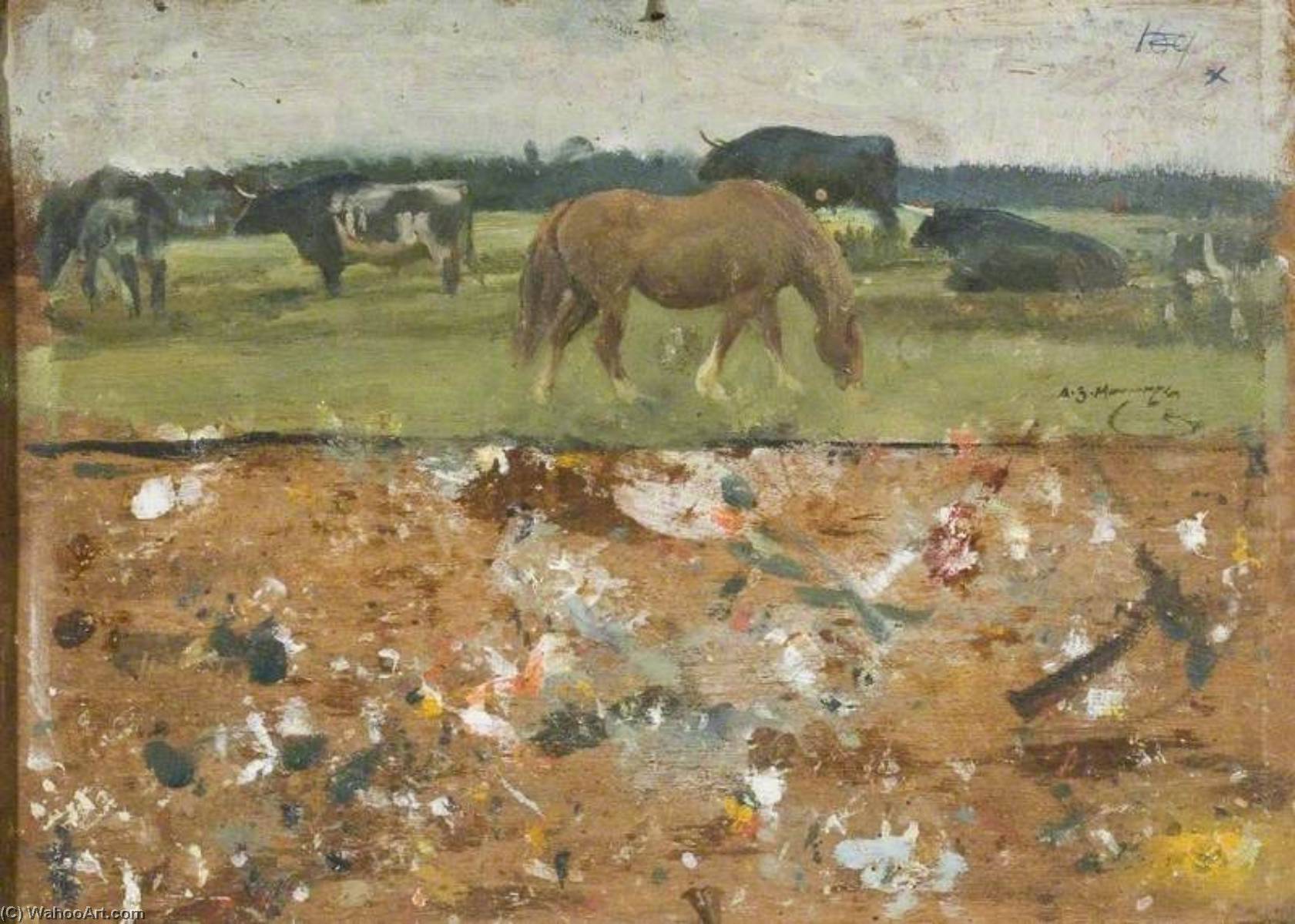 Wikioo.org - The Encyclopedia of Fine Arts - Painting, Artwork by Alfred James Munnings - Study of a Horse and Bullocks Grazing (verso)