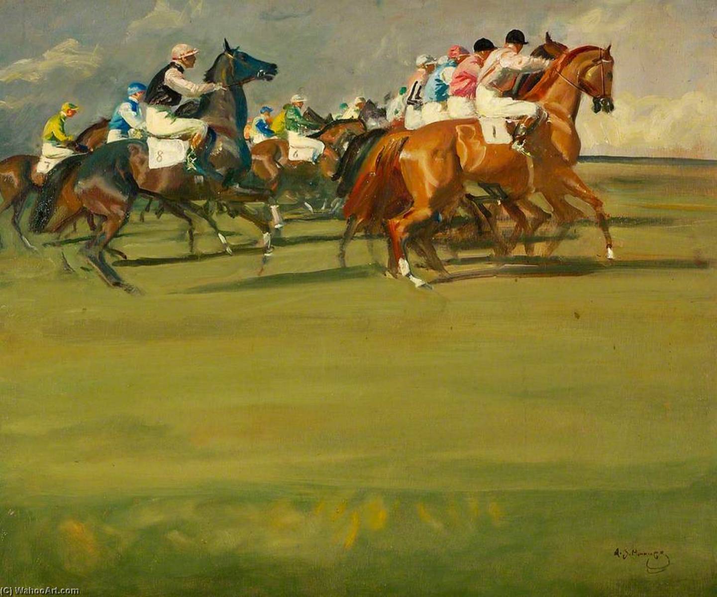 Wikioo.org - The Encyclopedia of Fine Arts - Painting, Artwork by Alfred James Munnings - Moving up to the Start, Newmarket, Suffolk