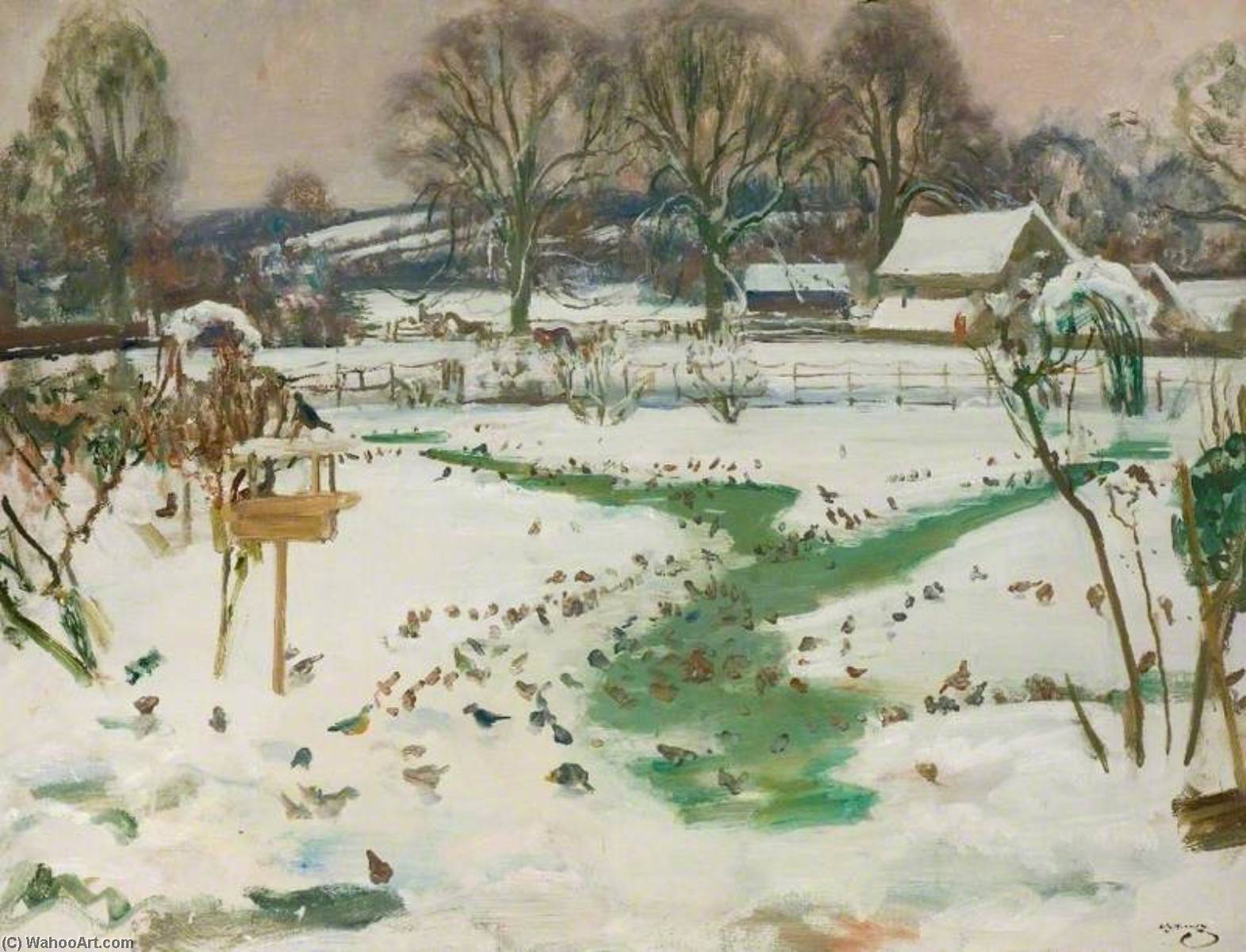 Wikioo.org - The Encyclopedia of Fine Arts - Painting, Artwork by Alfred James Munnings - A Winter Scene at Castle House with Birds Feeding