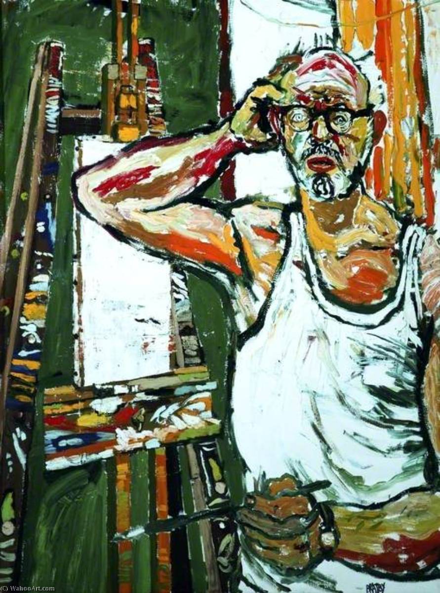Wikioo.org - The Encyclopedia of Fine Arts - Painting, Artwork by John Randall Bratby - Self Portrait with an Easel and an Agonised Expression