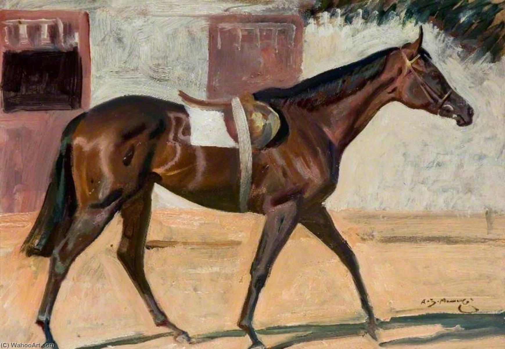 Wikioo.org - The Encyclopedia of Fine Arts - Painting, Artwork by Alfred James Munnings - A Bay Racehorse by a Stable