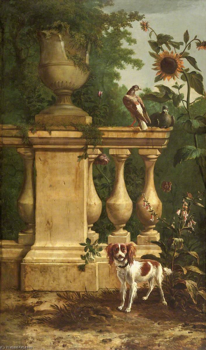 Wikioo.org - The Encyclopedia of Fine Arts - Painting, Artwork by Melchior De Hondecoeter - Pigeons and a Dog in a Garden