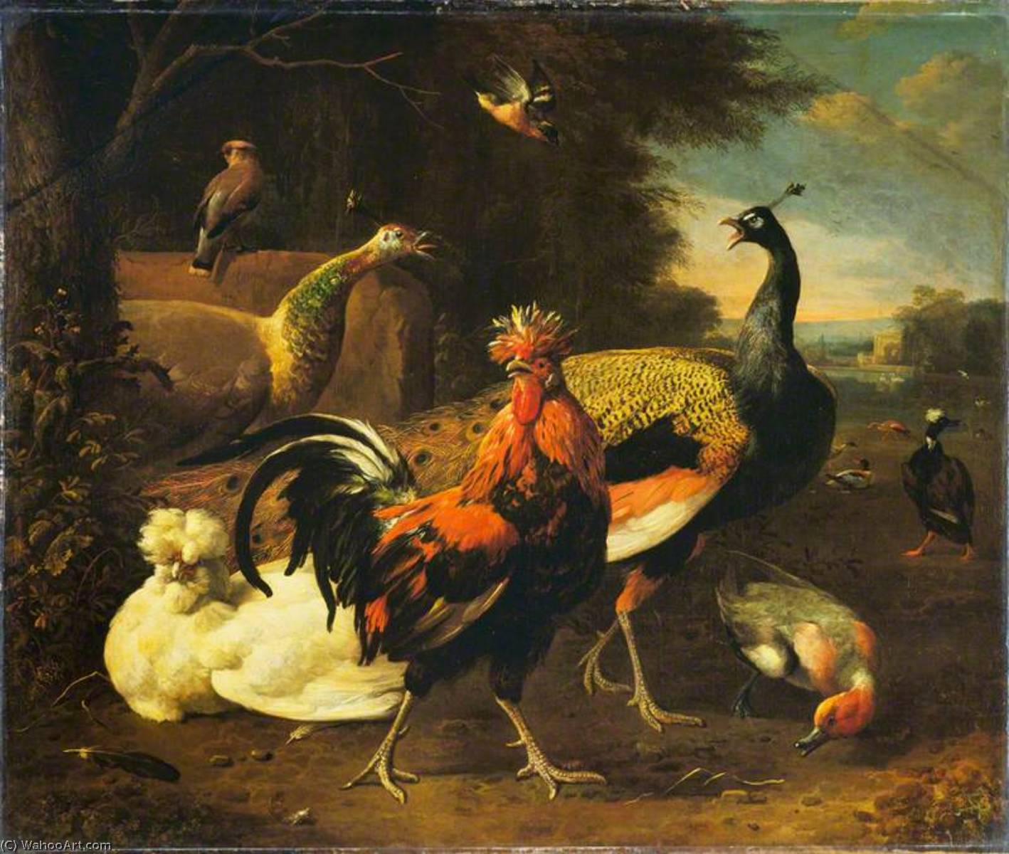 Wikioo.org – L'Encyclopédie des Beaux Arts - Peinture, Oeuvre de Melchior De Hondecoeter - une jeune coq  avec  autre  oiseaux