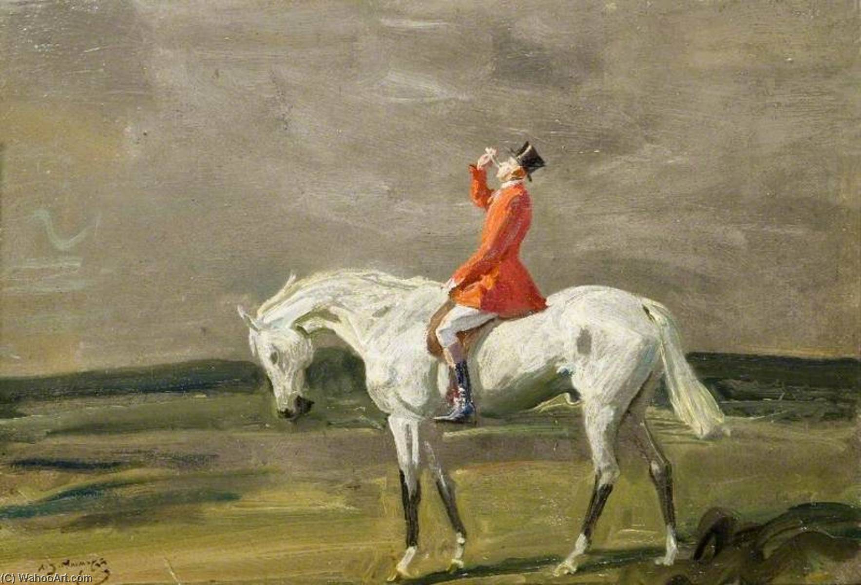 Wikioo.org - The Encyclopedia of Fine Arts - Painting, Artwork by Alfred James Munnings - A Huntsman on a Grey in a Landscape