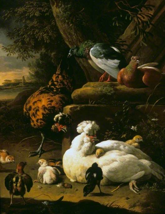 Wikioo.org - The Encyclopedia of Fine Arts - Painting, Artwork by Melchior De Hondecoeter - A Hen with Chicks, a Rooster and Pigeons in a Landscape