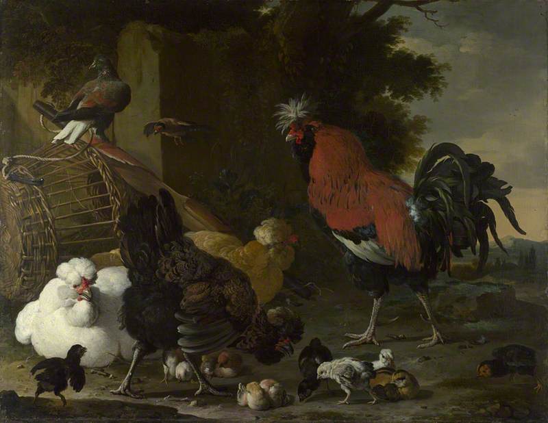 Wikioo.org - Bách khoa toàn thư về mỹ thuật - Vẽ tranh, Tác phẩm nghệ thuật Melchior De Hondecoeter - A Cock, Hens and Chicks