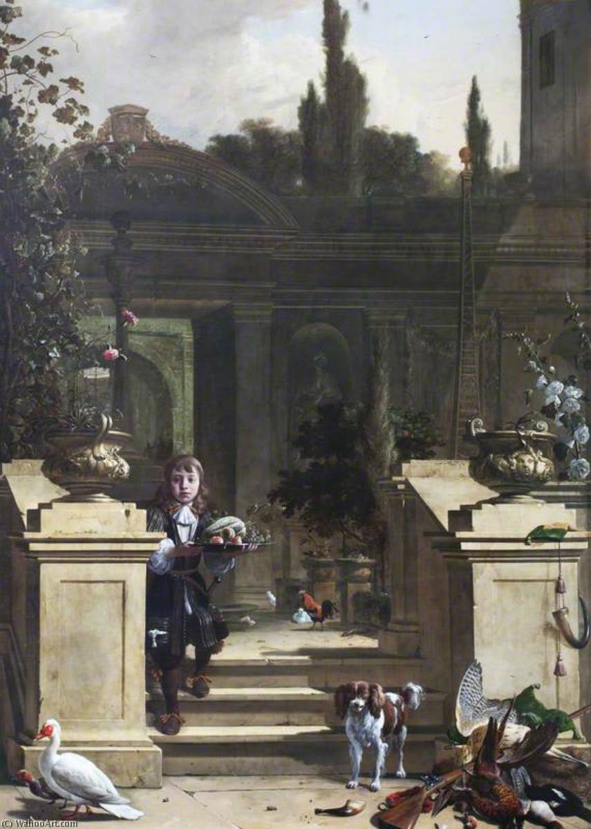 WikiOO.org - Encyclopedia of Fine Arts - Målning, konstverk Melchior De Hondecoeter - View of a Terrace with a Page Descending