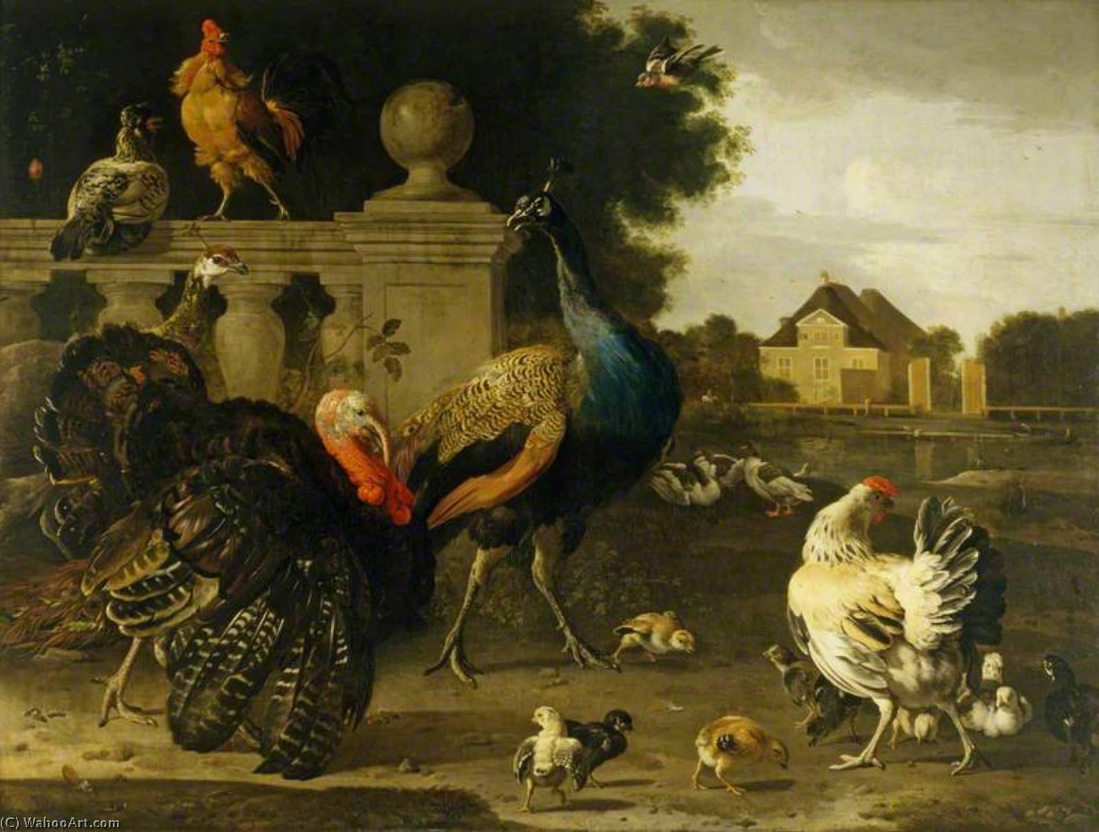 Wikioo.org - The Encyclopedia of Fine Arts - Painting, Artwork by Melchior De Hondecoeter - A Turkey Cock and Other Birds in a Garden