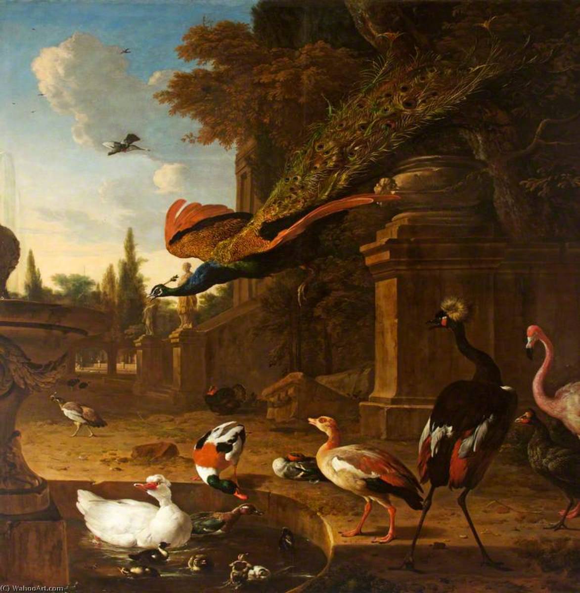 Wikioo.org - The Encyclopedia of Fine Arts - Painting, Artwork by Melchior De Hondecoeter - Ornamental Fowl in and beside a Pond in a Park, with a Peacock in Flight