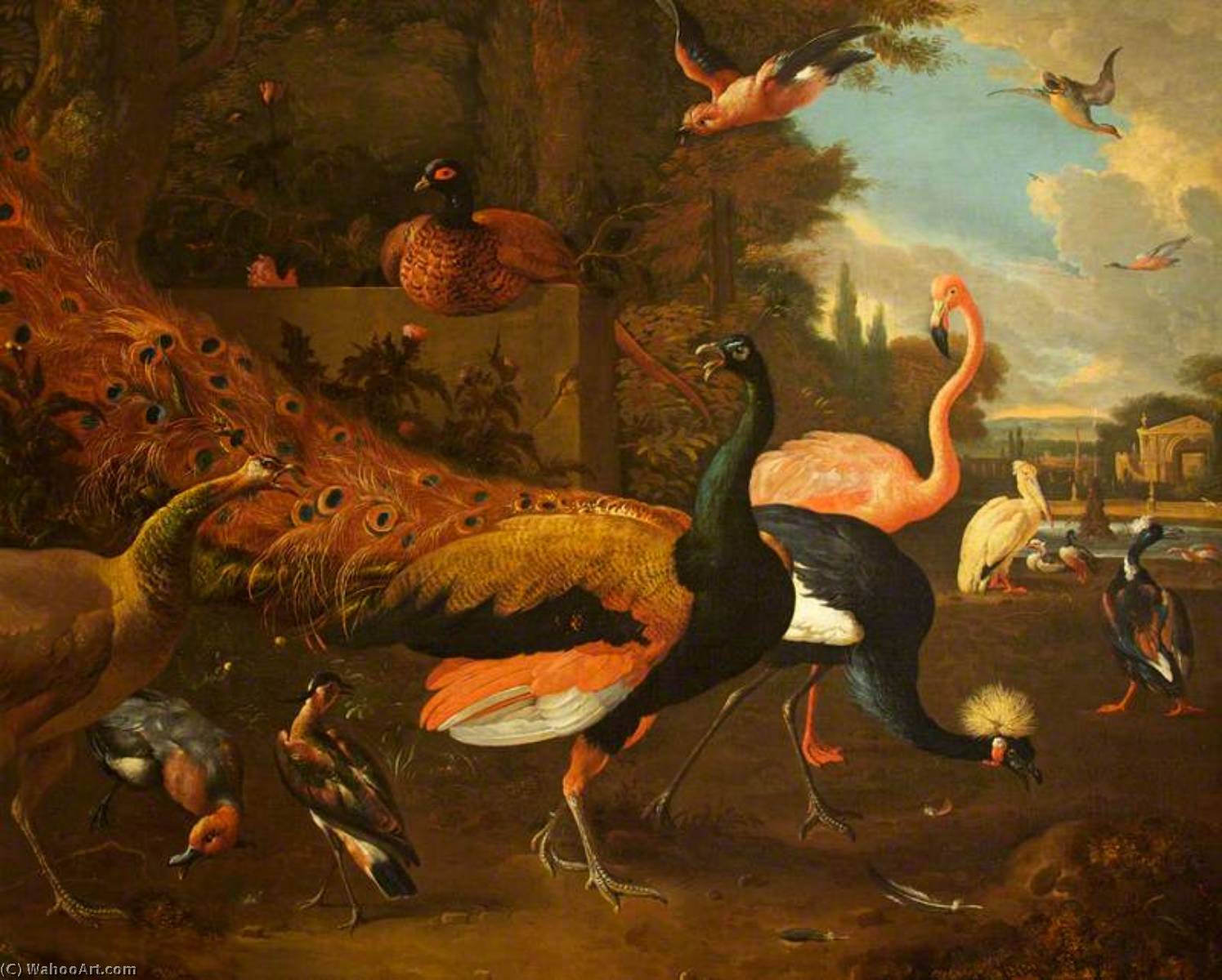 Wikioo.org - The Encyclopedia of Fine Arts - Painting, Artwork by Melchior De Hondecoeter - A Peacock and a Peahen with a Crane, a Flamingo, a Pelican, and Other Fowl, in a Park