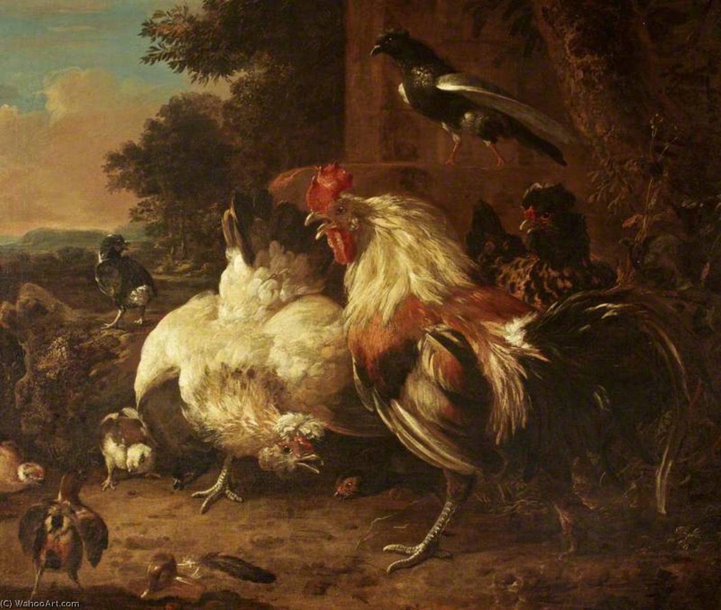 Wikioo.org – L'Enciclopedia delle Belle Arti - Pittura, Opere di Melchior De Hondecoeter - Un Cazzo e due Galline , con i pulcini , in un paesaggio Impostazione