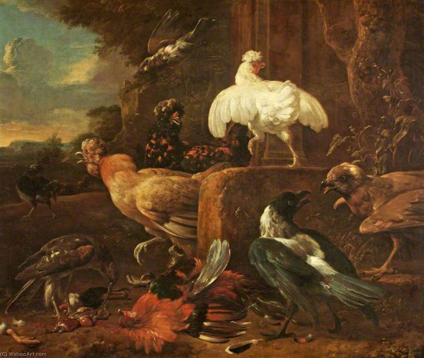WikiOO.org - Enciclopédia das Belas Artes - Pintura, Arte por Melchior De Hondecoeter - Poultry Attacked by Predatory Birds in a Landscape