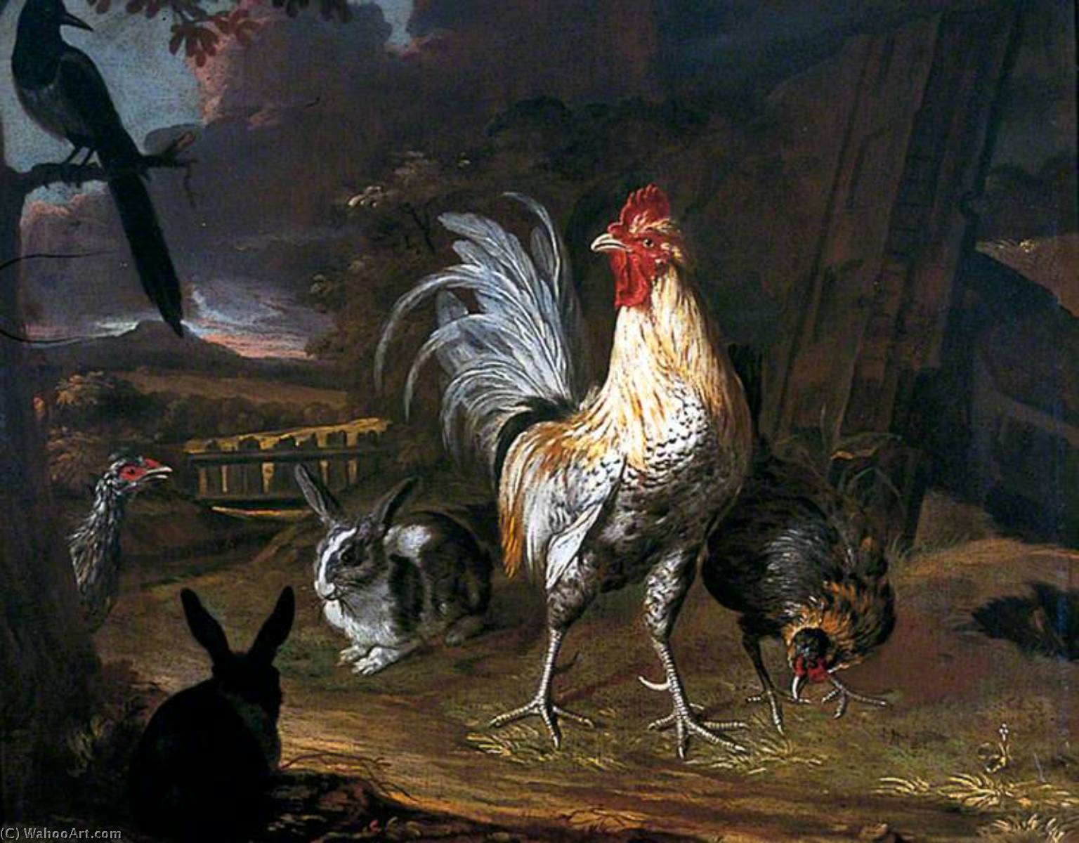 Wikioo.org - The Encyclopedia of Fine Arts - Painting, Artwork by Melchior De Hondecoeter - Rabbits, a Cockerel and a Hen with a Landscape Background