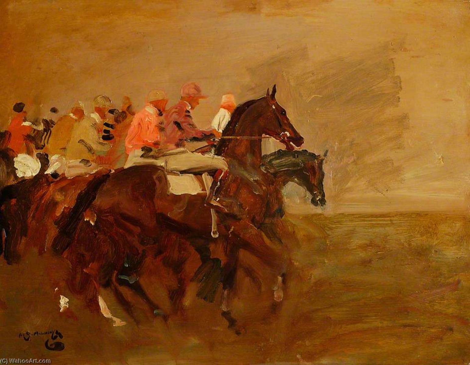 Wikioo.org - The Encyclopedia of Fine Arts - Painting, Artwork by Alfred James Munnings - The Start, October Meeting, Newmarket, Suffolk
