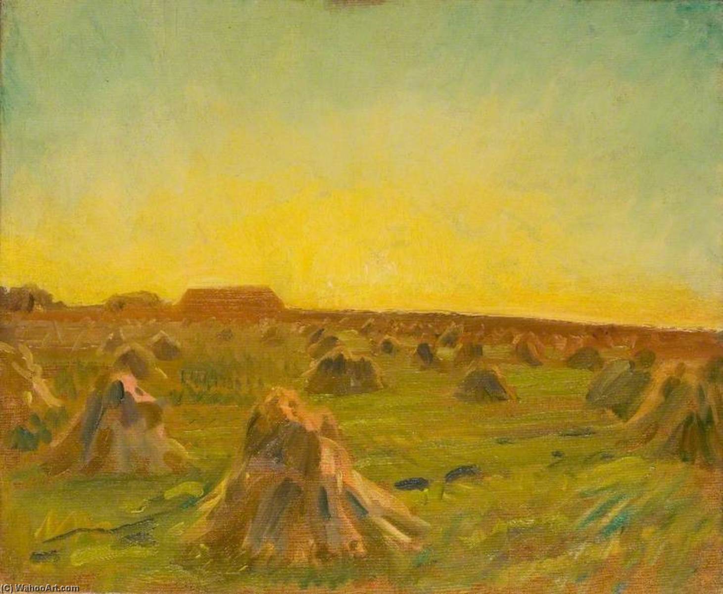 Wikioo.org – L'Encyclopédie des Beaux Arts - Peinture, Oeuvre de Alfred James Munnings - Coucher du soleil plus  une  moisson  terrain