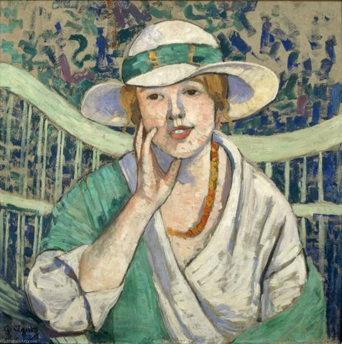 Wikioo.org – L'Encyclopédie des Beaux Arts - Peinture, Oeuvre de Georgette Agutte - Le chapeau blanc et vert La au femme chapeau blanc et vert ( Titre attribué )