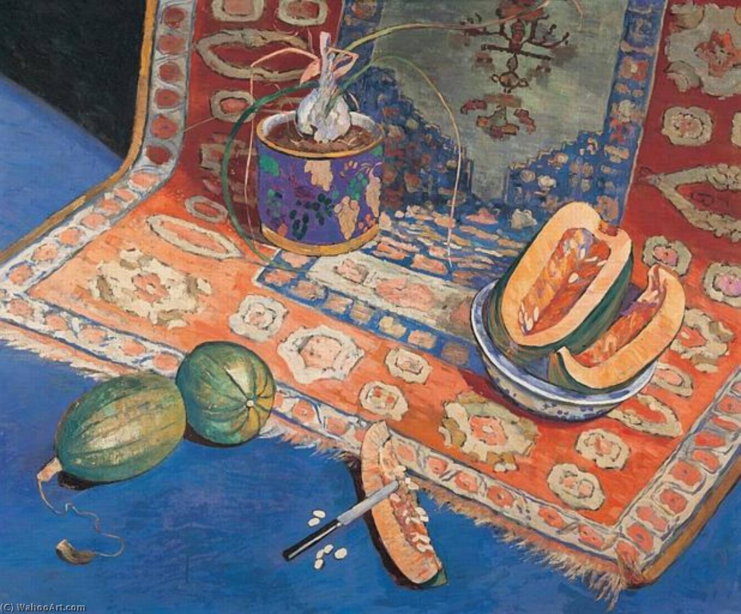 WikiOO.org - Encyclopedia of Fine Arts - Lukisan, Artwork Georgette Agutte - Nature morte aux pastèques, vases et tapis