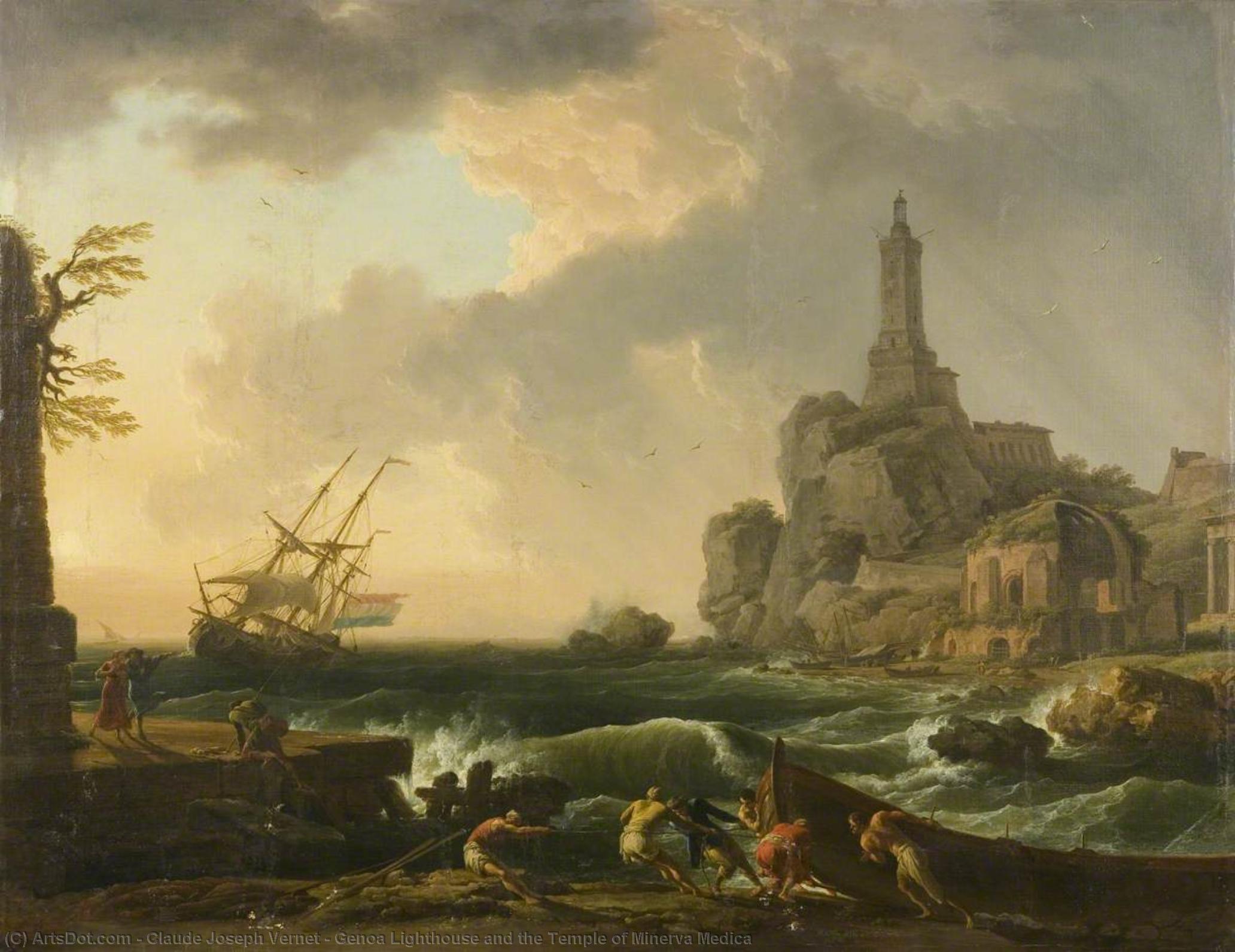Wikioo.org - The Encyclopedia of Fine Arts - Painting, Artwork by Claude Joseph Vernet - Genoa Lighthouse and the Temple of Minerva Medica