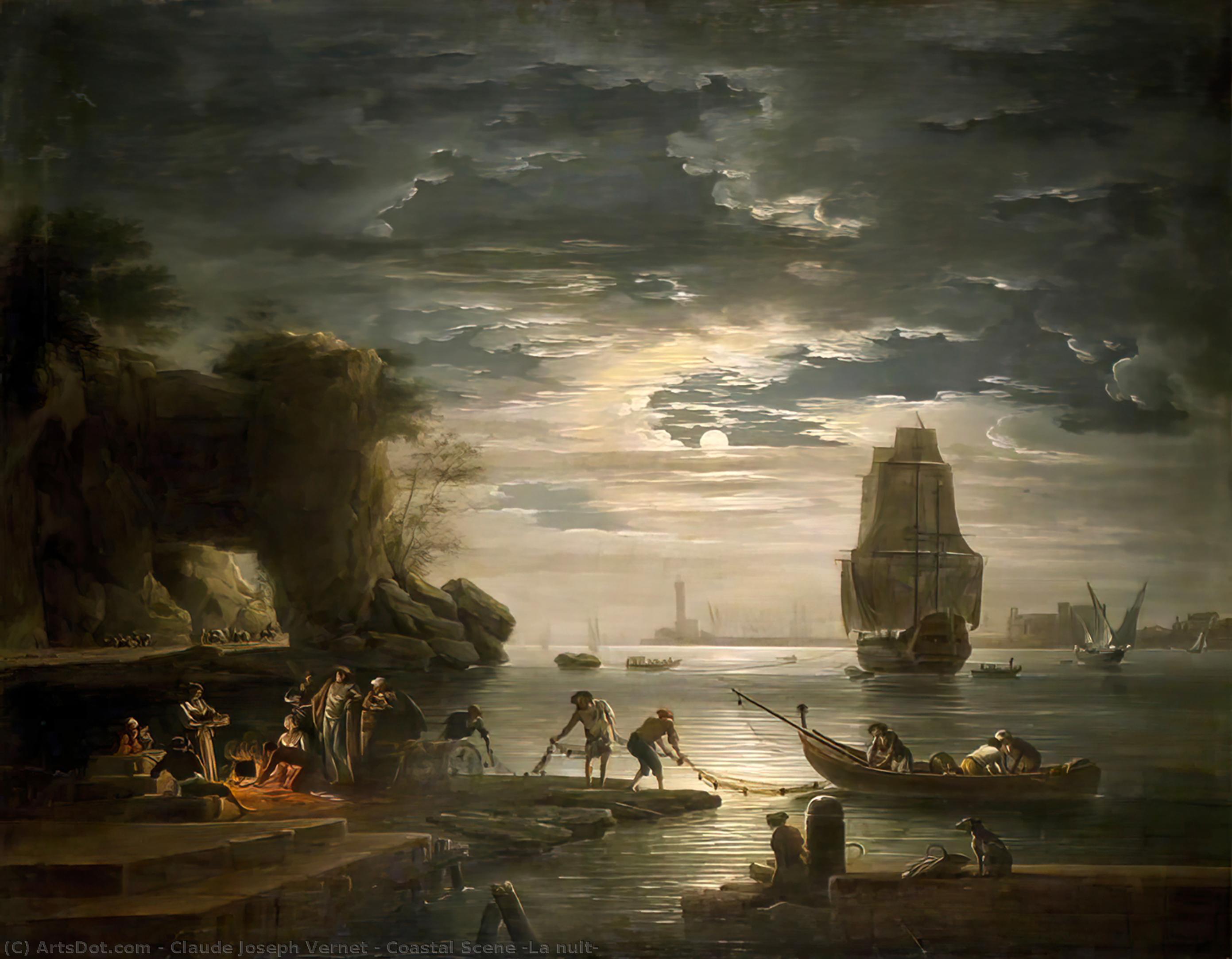 Wikioo.org - สารานุกรมวิจิตรศิลป์ - จิตรกรรม Claude Joseph Vernet - Coastal Scene (La nuit)