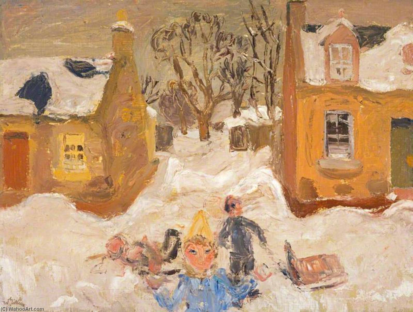 Wikioo.org - The Encyclopedia of Fine Arts - Painting, Artwork by William George Gillies - Snow from the Studio Window (The Gordon Children)
