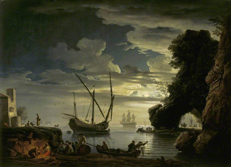 Wikioo.org - The Encyclopedia of Fine Arts - Painting, Artwork by Claude Joseph Vernet - Night Rocky Inlet with Fisherfolk Setting Their Nets, Cooking and Drinking by Moonlight