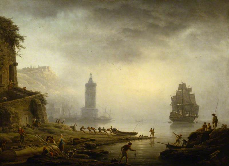 Wikioo.org - The Encyclopedia of Fine Arts - Painting, Artwork by Claude Joseph Vernet - Morning A Port in the Mist – Fishermen Hauling in Their Boat