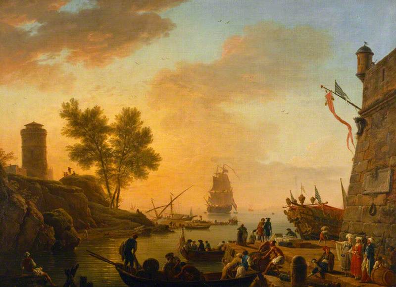 Wikioo.org - The Encyclopedia of Fine Arts - Painting, Artwork by Claude Joseph Vernet - Evening Habour Scene with Boats Being Unloaded and Spectators