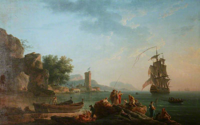 Wikioo.org - The Encyclopedia of Fine Arts - Painting, Artwork by Claude Joseph Vernet - Coast Scene with a British Man of War