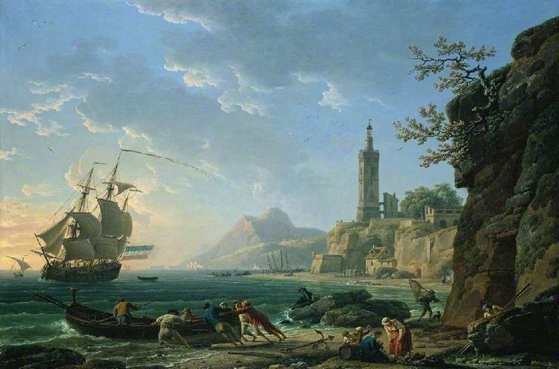 Wikoo.org - موسوعة الفنون الجميلة - اللوحة، العمل الفني Claude Joseph Vernet - A Coastal Mediterranean Landscape with a Dutch Merchantman in a Bay