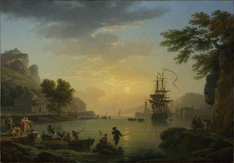 Wikioo.org - The Encyclopedia of Fine Arts - Painting, Artwork by Claude Joseph Vernet - A Landscape at Sunset with Fishermen returning with their Catch