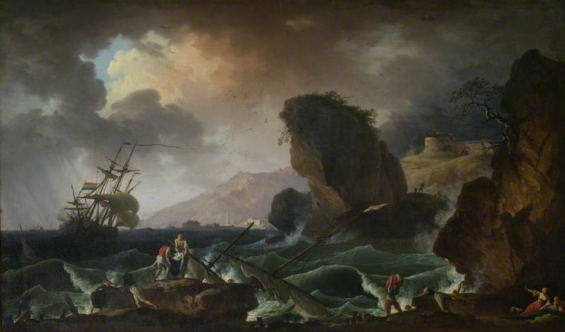 Wikioo.org - The Encyclopedia of Fine Arts - Painting, Artwork by Claude Joseph Vernet - A Rocky Coast with Survivors Being Retrieved from a Wreck