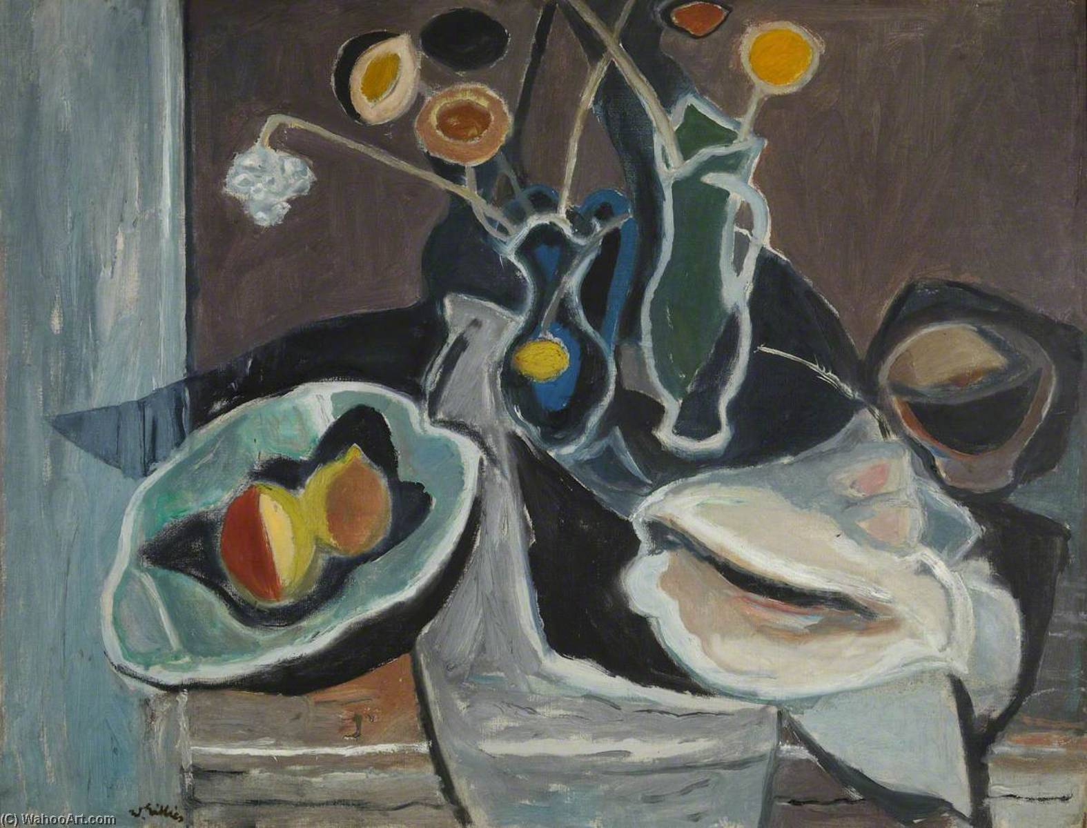 Wikioo.org - The Encyclopedia of Fine Arts - Painting, Artwork by William George Gillies - Two Jugs, Flowers and Conch Shell