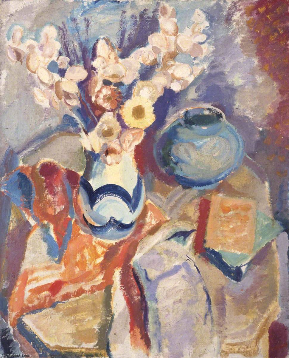 Wikioo.org - The Encyclopedia of Fine Arts - Painting, Artwork by William George Gillies - Flowers in a Blue and White Vase