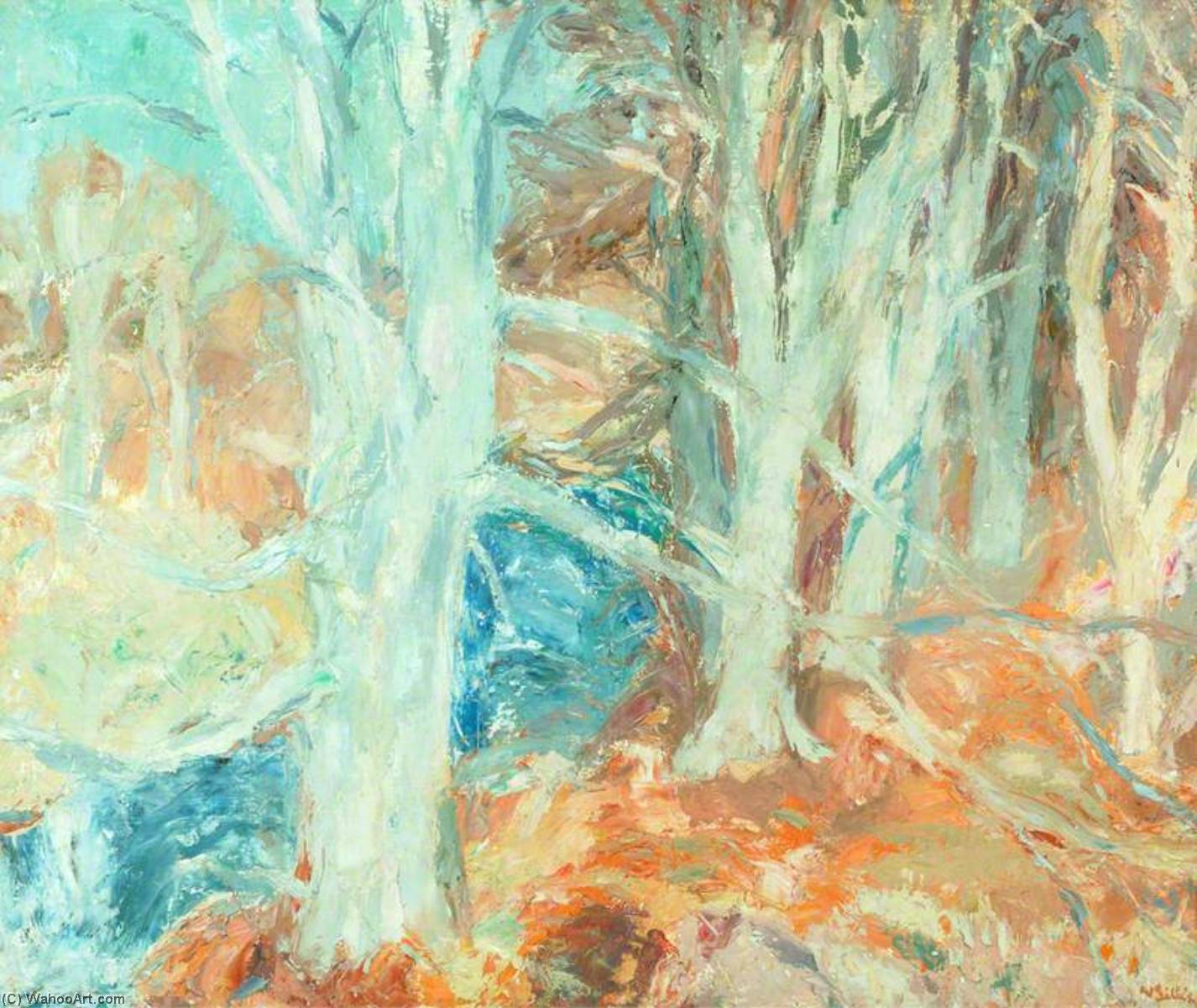 Wikioo.org - The Encyclopedia of Fine Arts - Painting, Artwork by William George Gillies - The River and Beech Trees, Temple Woods