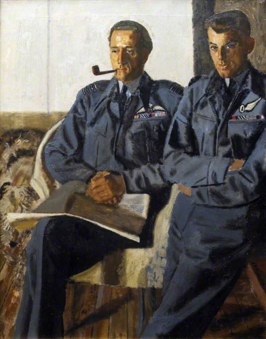 WikiOO.org - Encyclopedia of Fine Arts - Maleri, Artwork Alfred Reginald Thomson - Group Captain P. C. Pickard (1915–1944), DSO, and Two Bars, DFC, and Flight Lieutenant J. A. Broadley (1921–1944), DS, DFC, DFM