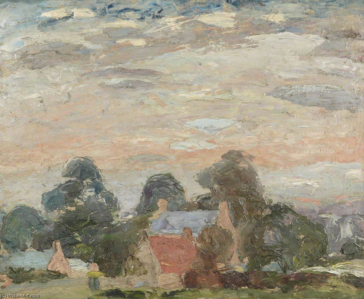Wikioo.org - The Encyclopedia of Fine Arts - Painting, Artwork by William George Gillies - Landscape with Cottages among Trees, Pink Sky