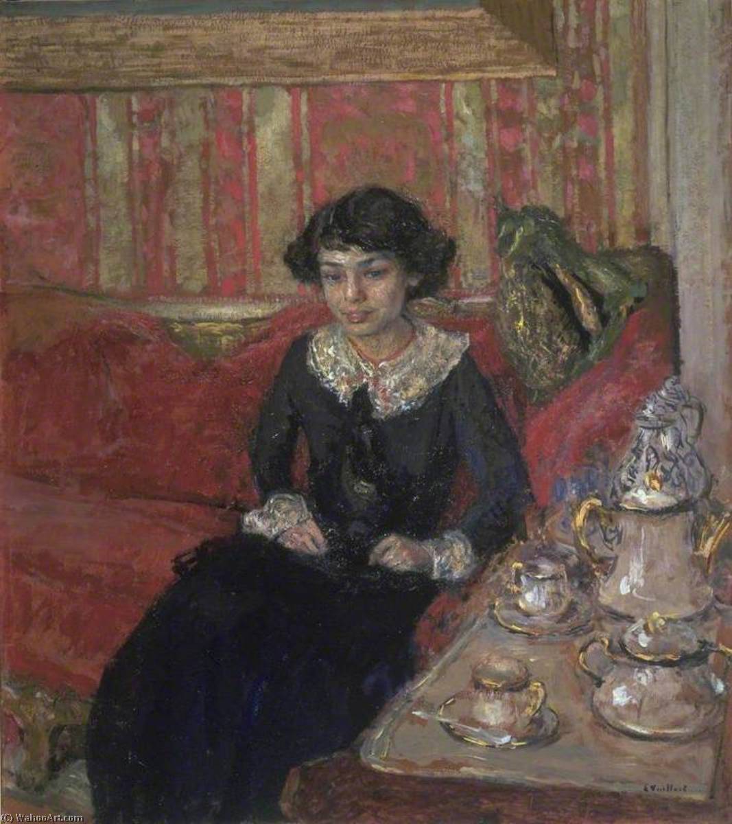 Wikioo.org – L'Encyclopédie des Beaux Arts - Peinture, Oeuvre de Jean Edouard Vuillard - Fille en un intérieur ( Dans jeune femme onu intérieur )