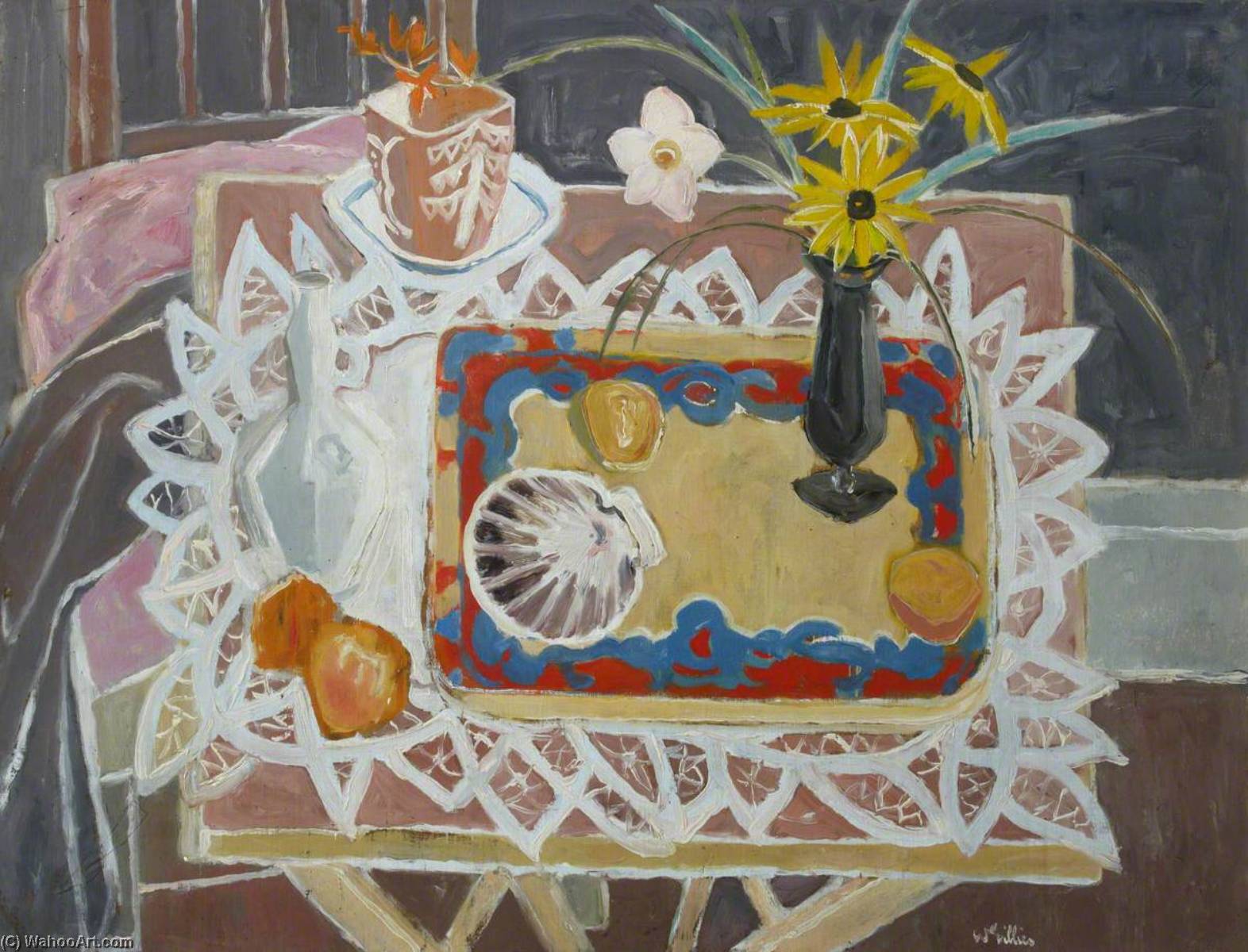 Wikioo.org - The Encyclopedia of Fine Arts - Painting, Artwork by William George Gillies - Still Life with Shells and Flowers (Studio Window, Still Life)